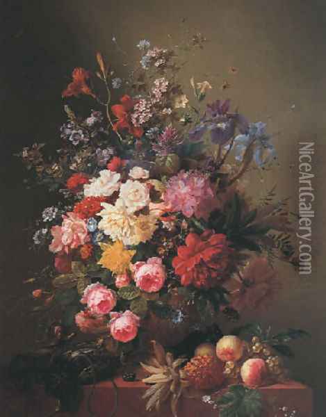 Summer flowers in an urn with fruit and game on a marble ledge Oil Painting - Arnoldus Bloemers
