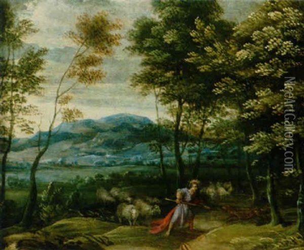 Der Gute Hirt In Einer Weiten Bewaldeten Landschaft Oil Painting - Gillis Congnet the Younger