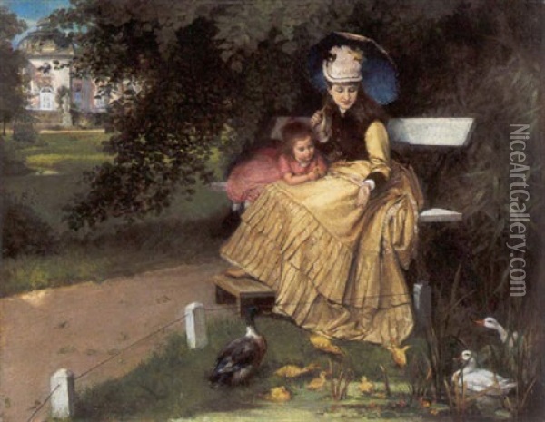 Moeder En Kind Bij De Eendenvijver Oil Painting - Friedrich Franz Stummel