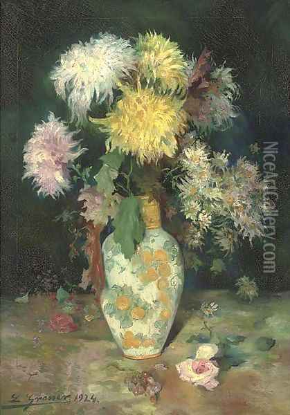 Chrysanthemums and daisies in a ceramic vase Oil Painting - Luis Graner Arrufi