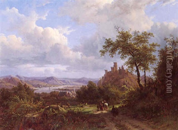 An Extensive Summer River Landscape With Travellers Oil Painting - Johann Bernard Klombeck