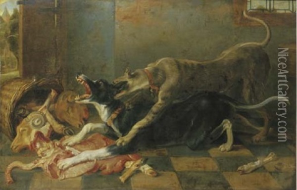 Two Dogs Fighting Over A Dead Ram Oil Painting - Nicasius Bernaerts