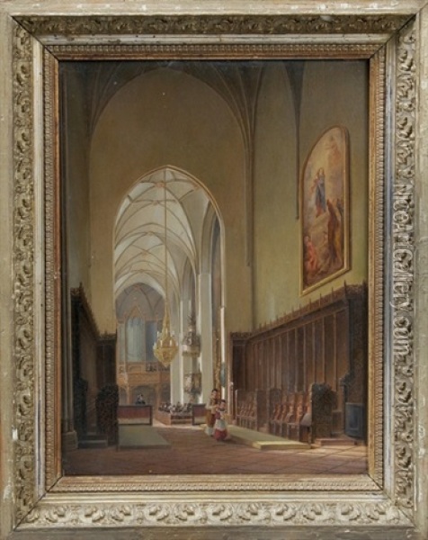 Kircheninneres Einer Hessischen, Gotischen Kirche Wahrend Einer Messe Oil Painting - Johann Friedrich Mehler