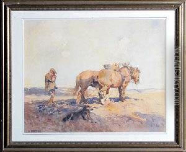 A Farmer With A Team Of Horses Harrowing A Field Oil Painting - Dorothy Adamson