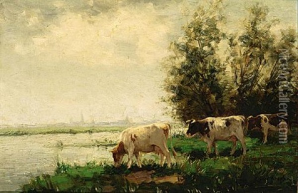 Cows In A Meadow (+ Another; 2 Works) Oil Painting - Fedor Van Kregten