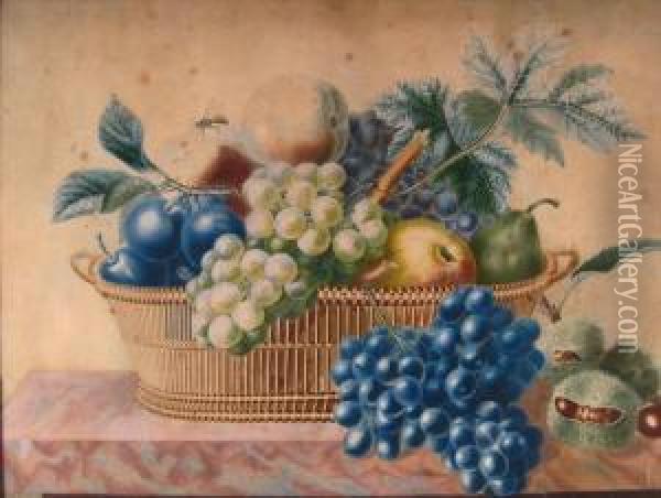Still Life Fruit Basket And Horse Chestnuts Oil Painting - James Poulton