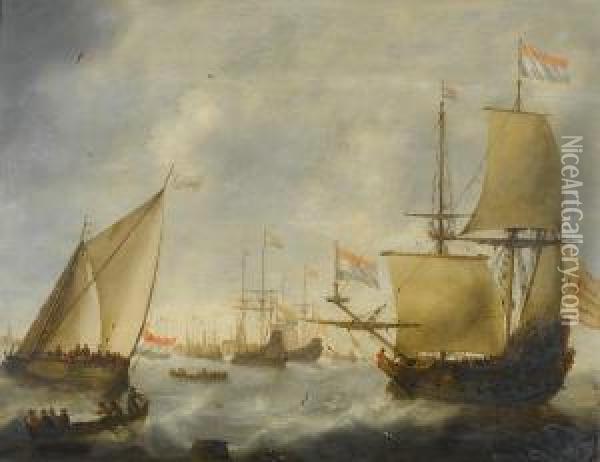 Dutch Shipping In Choppy Seas Oil Painting - Jacob Adriaensz. Bellevois