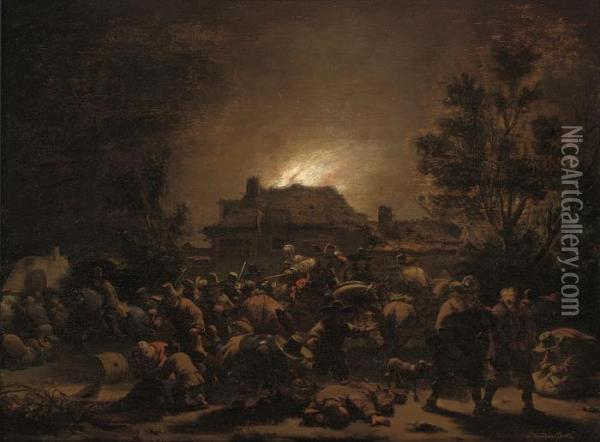 Cavalrymen Pillaging A Village Oil Painting - Egbert van der Poel