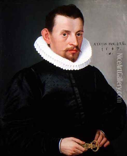 Portrait of a young gentleman wearing a ruff, 1587 Oil Painting - Lorenz Strauch