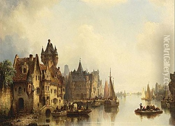 A Town On The Waterfront Oil Painting - Ludwig Hermann