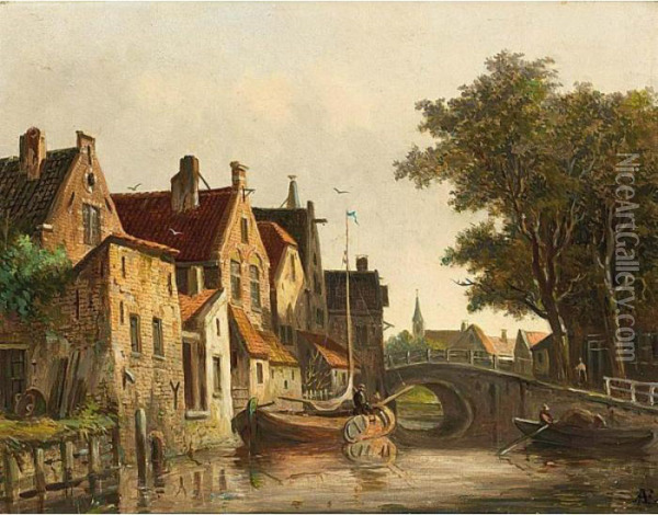 A View Of The Visbrug In Oudewater Oil Painting - Adrianus Eversen