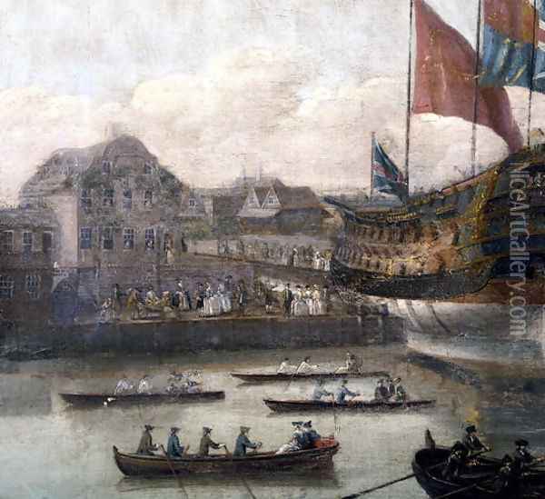Launch at Deptford Dockyard, c.1750 (detail) Oil Painting - John the Elder Cleveley