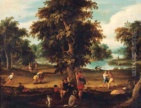 Peasants making music and disporting in a wooded river landscape Oil Painting - Abraham Govaerts