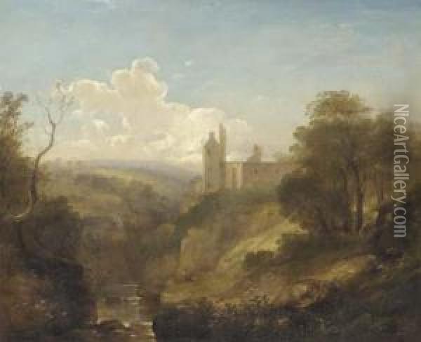A Wooded Valley Landscape With A Castle Beyond Oil Painting - Benjamin Barker Of Bath