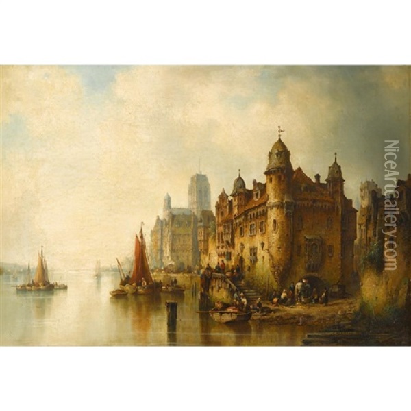 Town Along The Rhine Oil Painting - Ludwig Hermann
