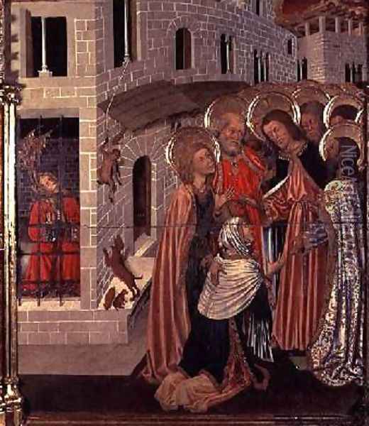 The Healing of the Possessed predella panel from the Altarpiece of the Transfiguration 1445-52 Oil Painting - Bernat (Bernardo) Martorell