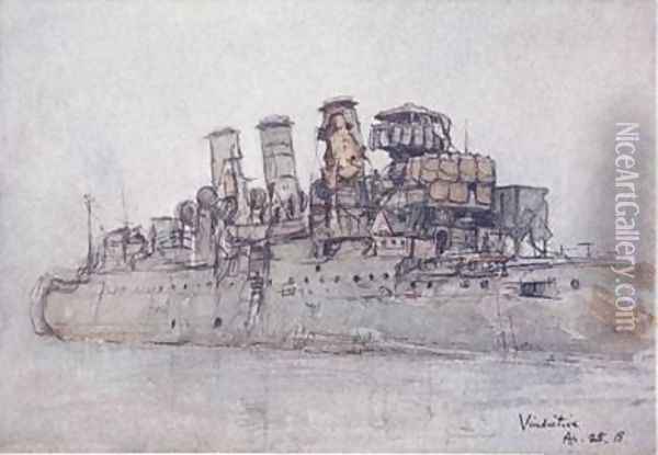 HMS Vindictive April 25th 1918 illustration from The Naval Front by Gordon S Maxwell 1920 Oil Painting - Donald Maxwell