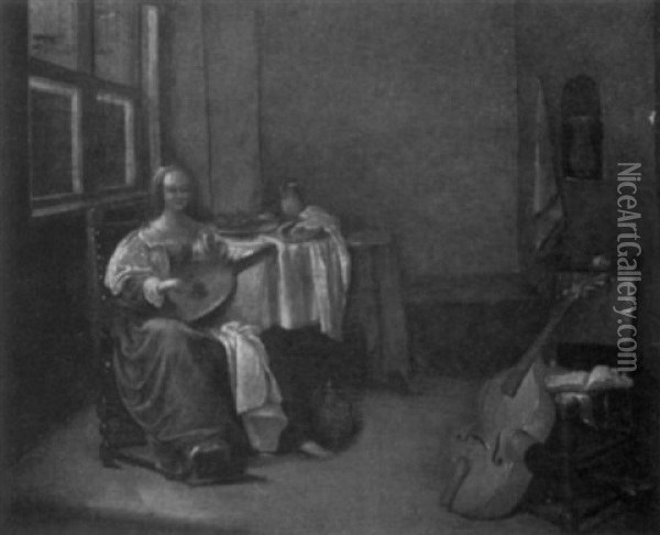Lady Playing The Lute Oil Painting - Christoffel Jacobsz. Van Der Lamen