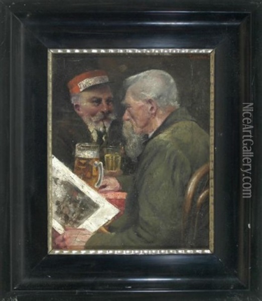 Herrenstammtisch (zwei Bartige Manner Beim Biertrinken) Oil Painting - Franz Obermueller