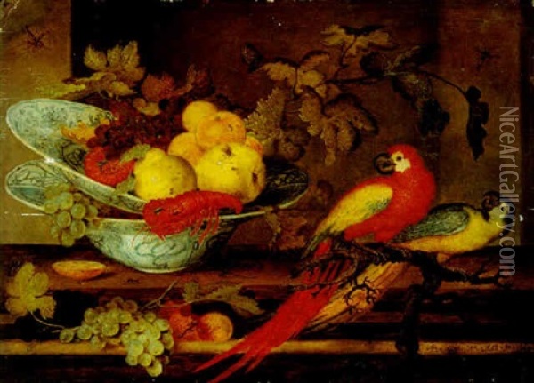 Still Life Of Fruit And Crayfish In Two Blue And White Porcelain Bowls An A Ledge, With Two Parrots On A Branch Oil Painting - Balthasar Van Der Ast