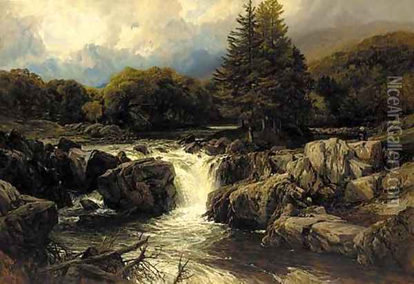 An angler in a Welsh river landscape Oil Painting - Frederick William Hulme