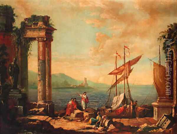 Figures resting by a ruined temple on a quay Oil Painting - Claude Lorrain (Gellee)