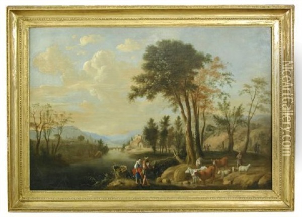 A Couple Fording A Stream In An Arcadian Landscape With Cattle Oil Painting - Giovanni Battista Cimaroli