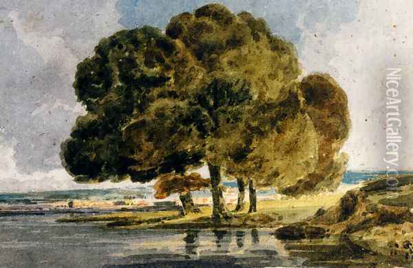 Trees On A Riverbank Oil Painting - Thomas Girtin