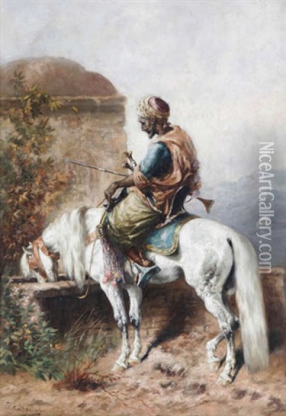 Chevalier Arabe Sur Cheval Blanc Pres De L'abreuvoir Oil Painting - Gustav Colsoulle