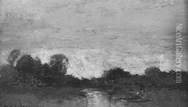 River Landscape With Figure Docking Punt Oil Painting - Henry Ward Ranger