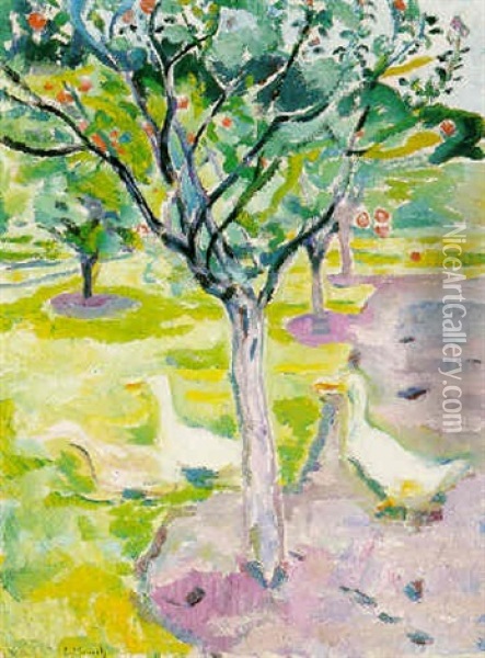 Geese In An Orchard Oil Painting - Edvard Munch