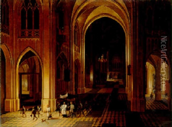 Interior Of The Onze-lieve-vrouwekerk In Antwerp With A Procession Oil Painting - Peeter Neeffs the Younger