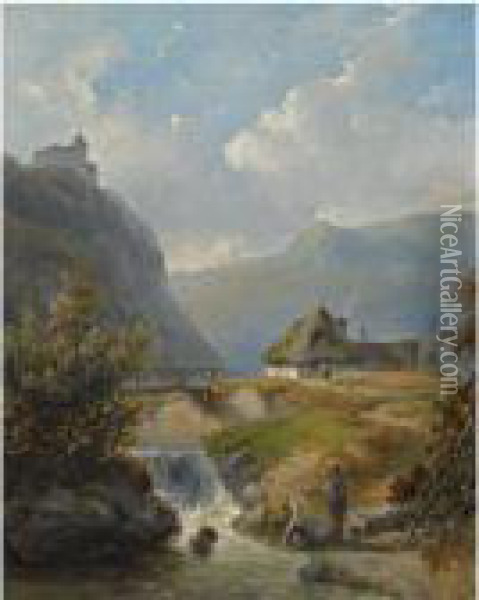Two Figures Conversing In A Mountainous Landscape Oil Painting - Andreas Schelfhout