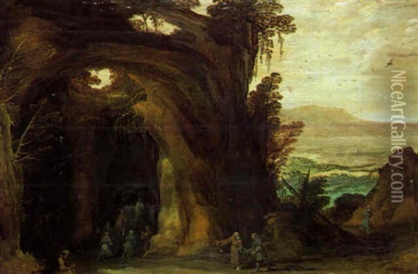La Halte Des Pelerins De Saint Jacques De Compostelle Pour La Messe Dans Une Grotte Oil Painting - Joos de Momper the Younger