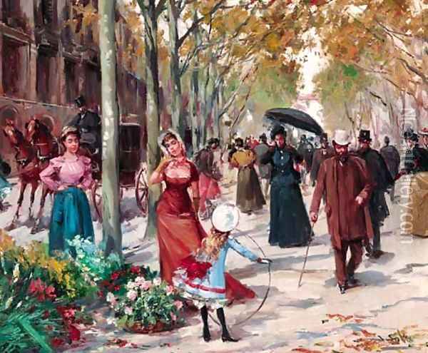 A flower seller on a tree-lined Parisian boulevard Oil Painting - Joan Roig Soler