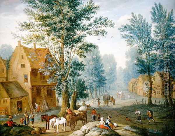 A Village Landscape with Travellers Oil Painting - Joseph van Bredael