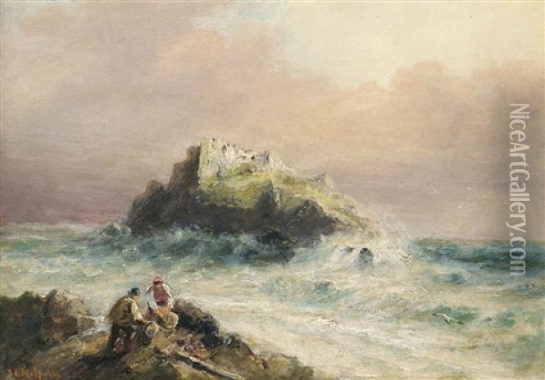 Fishermen On The Rocks Before A Castle (+ Figures On The Beach At Low Tide; 2 Works) Oil Painting - Sarah Louise Kilpack