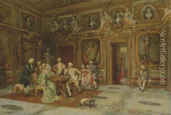 A Game Of Chess In The Bernini Room, Villa Borghese, Roma Oil Painting - Enrique Cabral Y Llano