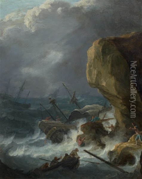 Rocky Coastal Landscape With Ships And The Crews In Distress Oil Painting - Jean Baptiste Pillement