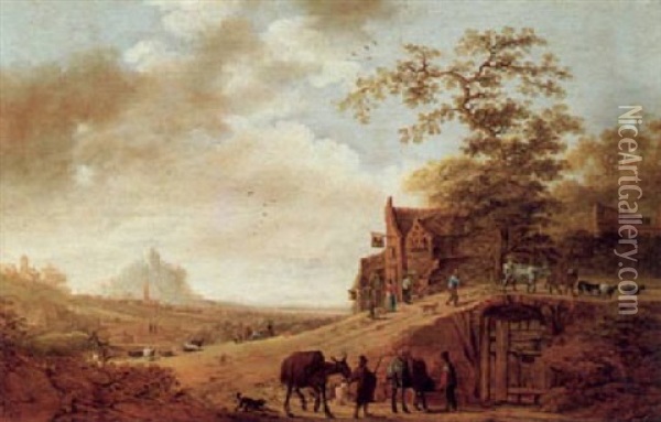 Landschaft Mit Dorf, Zwei Eseltreibern Und Anderen Figuren Oil Painting - Jan Harmensz Vinck