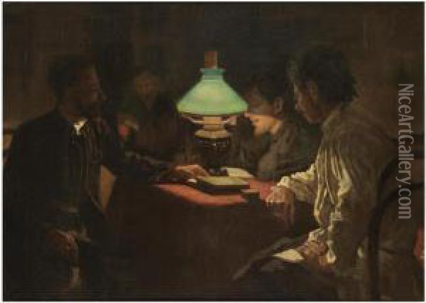 Reading By The Green Lamp Oil Painting - Leonid Ossipovich Pasternak