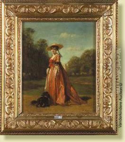 Elegante Et Son Chien Dans Un Parc Oil Painting - Gustave Leonhard de Jonghe