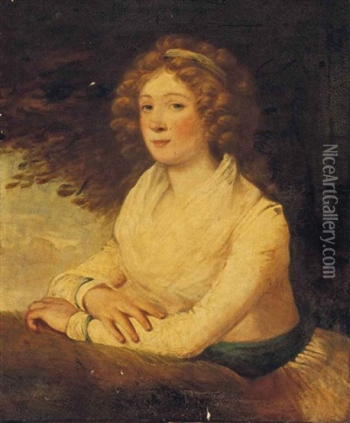 Portrait Of A Lady, Traditionally Identified As Mrs Billington, Half-length, In A White Dress, In A Landscape Oil Painting - Sir John Hoppner