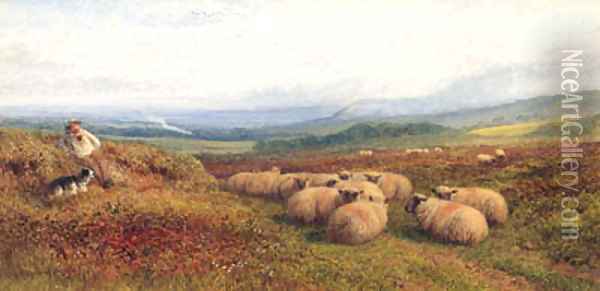 A Shepherd and Sheep in a hilly Landscape Oil Painting - George Shalders
