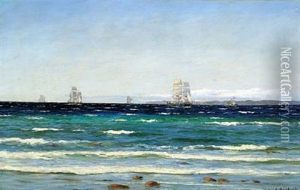 Hornbaek Beach. Ships In The Sound, In The Background Kullen Oil Painting - Carl Ludvig Thilson Locher
