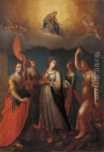 The Madonna And Child Appearing 
To Saints Barbara, Ursula, Catherine Of Alexandria, Agnes And Margaret 
Of Antioch Oil Painting - Lavinia Fontana