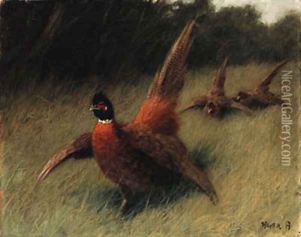 Pheasants in a Landscape Oil Painting - Arthur Heyer