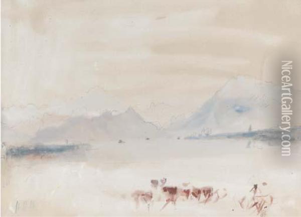 A Swiss Lake With Cattle Oil Painting - Hercules Brabazon Brabazon