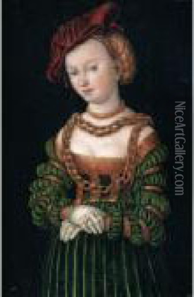 Portrait Of A Young Woman, 
Three-quarter Length, As A Court Beauty, Wearing A Red Cap And A Green 
Dress Trimmed With Gold, Her Decolletage Bedecked With Gold Chains Oil Painting - Lucas The Elder Cranach