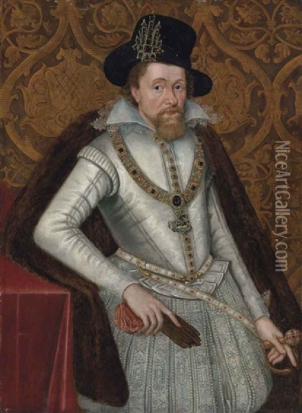 Portrait Of King James I Of England And Vi Of Scotland (1566-1625) In A White Doublet With A Lace Collar, Jewelled Hose And A Fur Cloak... (collab. W/studio) Oil Painting - John Decritz the Elder